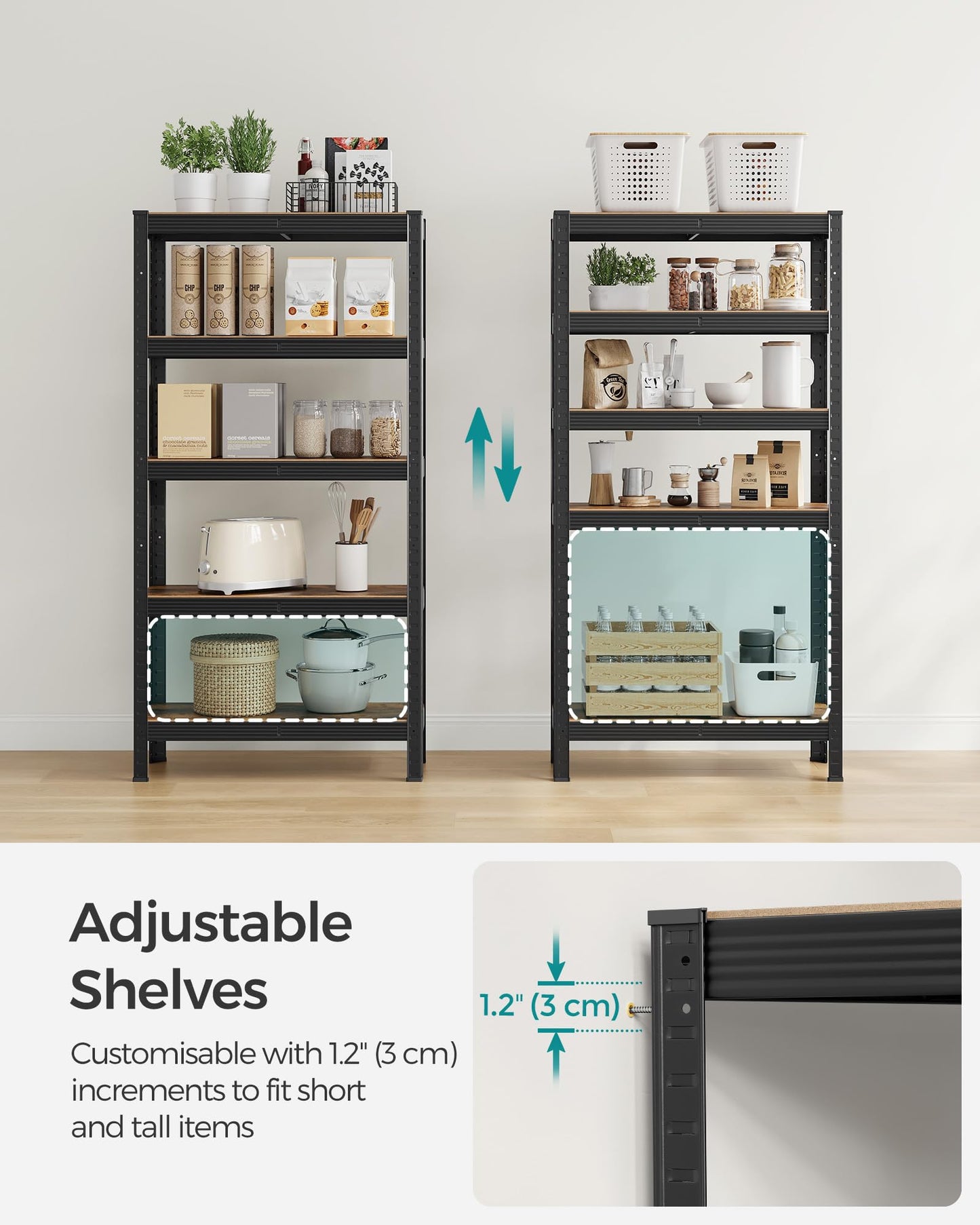SONGMICS Shelving Unit, 30 x 75 x 150 cm, 650 kg Load Capacity (130 kg per Shelf), Industrial, Adjustable Storage Shelves, for Living Room, Kitchen, Garage, Rustic Brown and Black GLR030B01