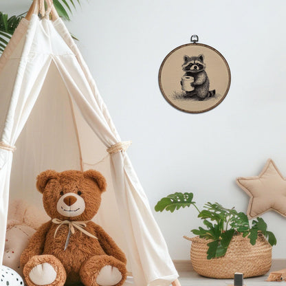 YH547-YGH01 Giosve Funny Raccoon Bathroom Round Wall Art Canvas Framed Poster, Rustic Neutral Sketch Raccoon Holding Toilet Paper Hanging Wall Sculptures for Washroom Bathroom Restroom Decor, 10x10 Inch