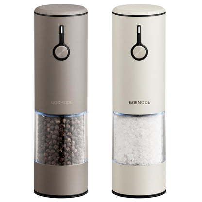 Stainless Steel Rechargeable Electric Salt and Pepper Grinder Set – USB Charging, One-Hand Electric Mill, Adjustable Coarseness, LED Light & Dust Cover –2pack(Greige & Buttercream)