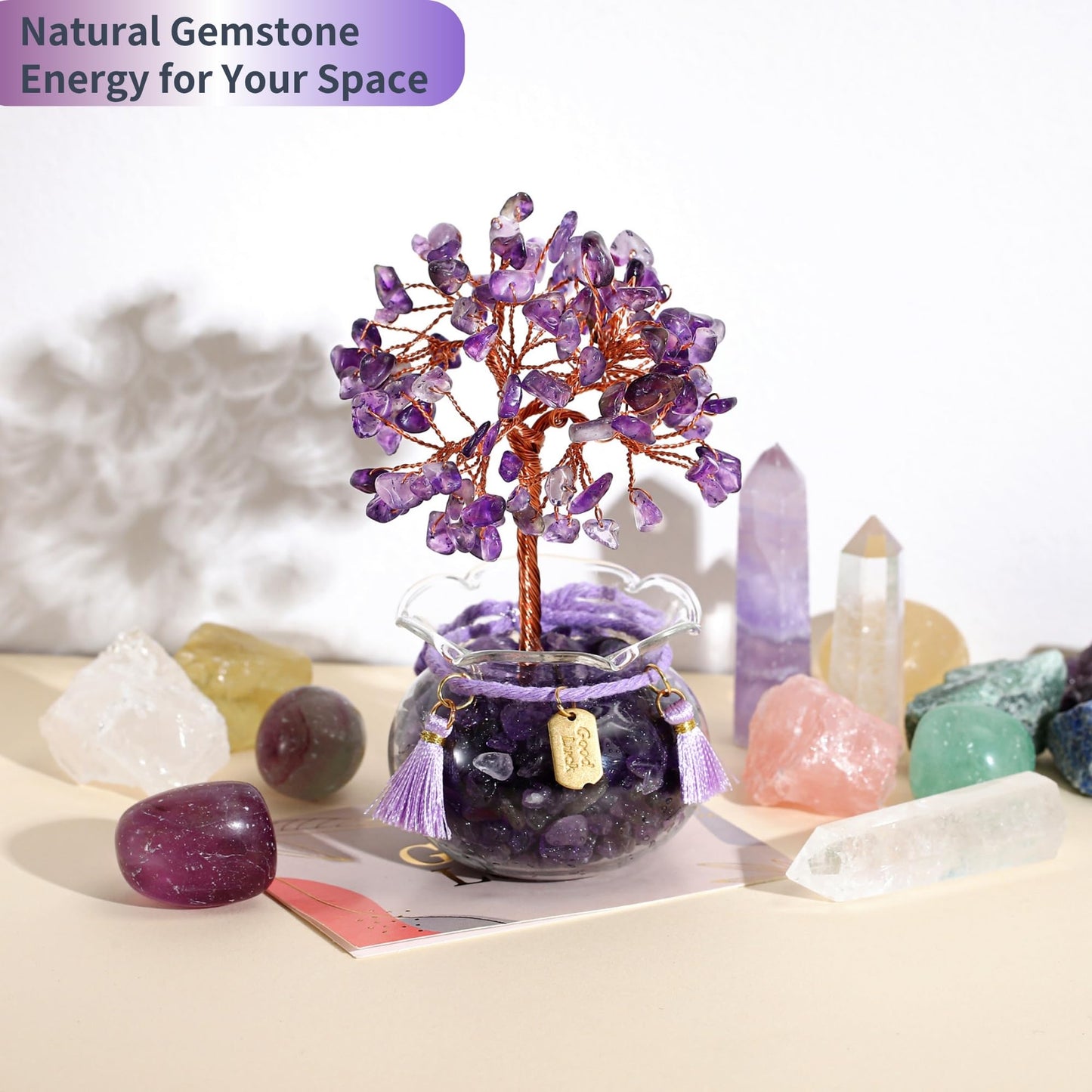 CrysDeco Premium Crystal Tree with Glass Bowl Base & Tassel Charm - 7 Chakra Healing Gemstones Tree, Desk Decor Feng Shui Spiritual Gift for Women Mom Wife Birthday Christmas, 4.3 inch (Amethyst)