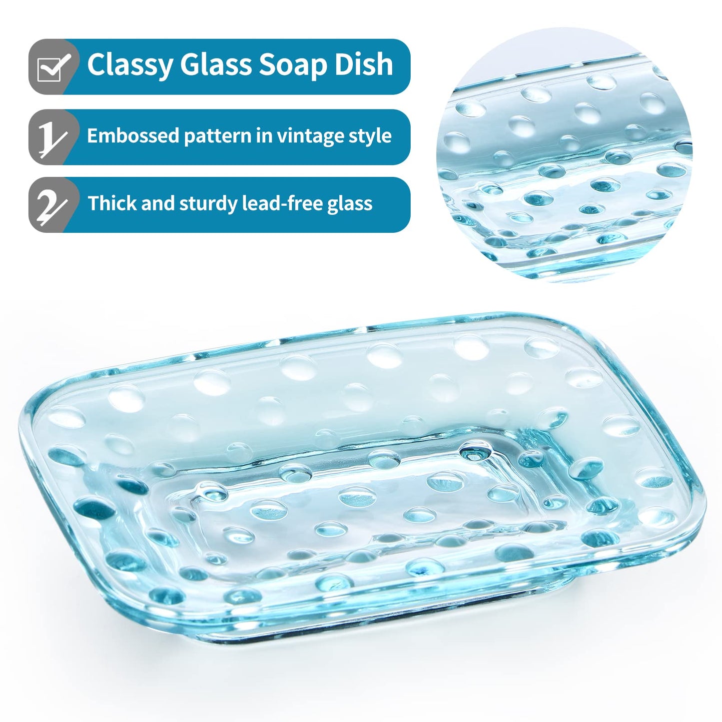 MDLUU 2-Pack Glass Bar Soap Dish, Embossed Bar Soap Holder, Decorative Soap Saver Tray for Shower, Bathtub, Bathroom Sink, Kitchen Sink (Square)