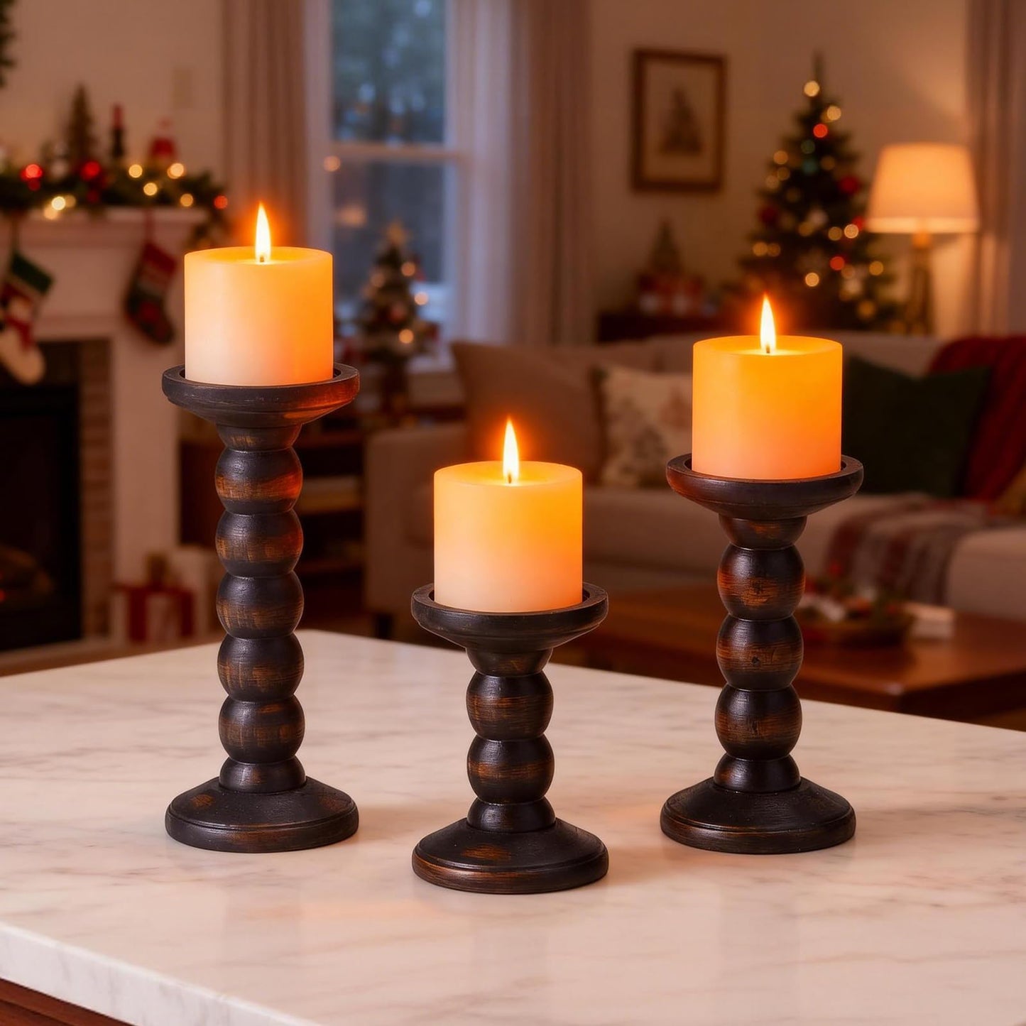 HuiDao Solid Wood Candle Holder, 3Pcs Rustic Black Candle Holders for Pillar Candles, Decorative Candle Holders Distressed Wooden Farmhouse Candle Holder Large for Fireplace Table