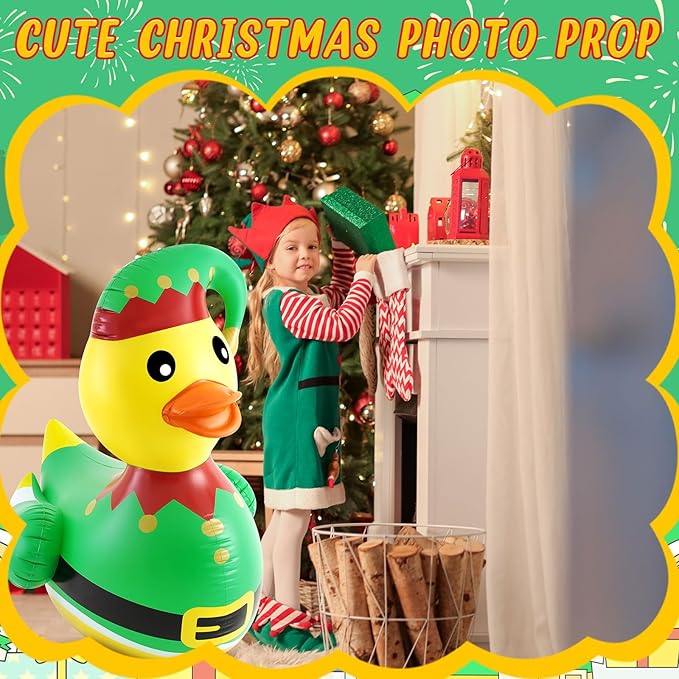Hungdao 1 Pcs 4 Feet PVC Christmas Giant Inflatable Elf Duck Huge Rubber Large Blow up Duck Christmas Pool Floats for Xmas Holiday Indoor Outdoor Pool Decorations