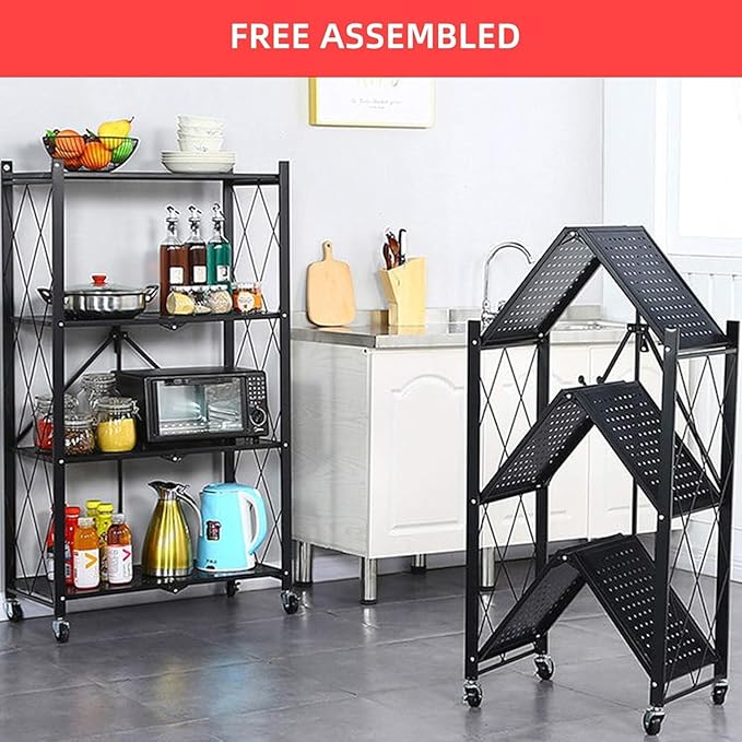 Kitchen Garage Metal Shelves, Storage Shelves Organizer, Foldable Metal Shelving, Closet Shelving Unit, 28" W x 14" D x 50" H Bakers Rack Microwave Stand, Plant Stand with Wheels (4-Tier Shelf)