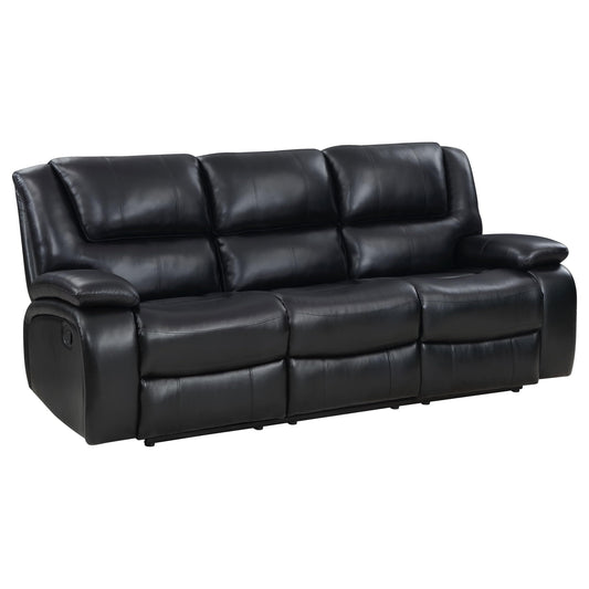 Coaster Home Furnishings - Camila - Wood and Faux Leather - Reclining Sofa with Manual Motion, Padded Pillow Arms, and Channeled Seat - Living Room - Black - 610244