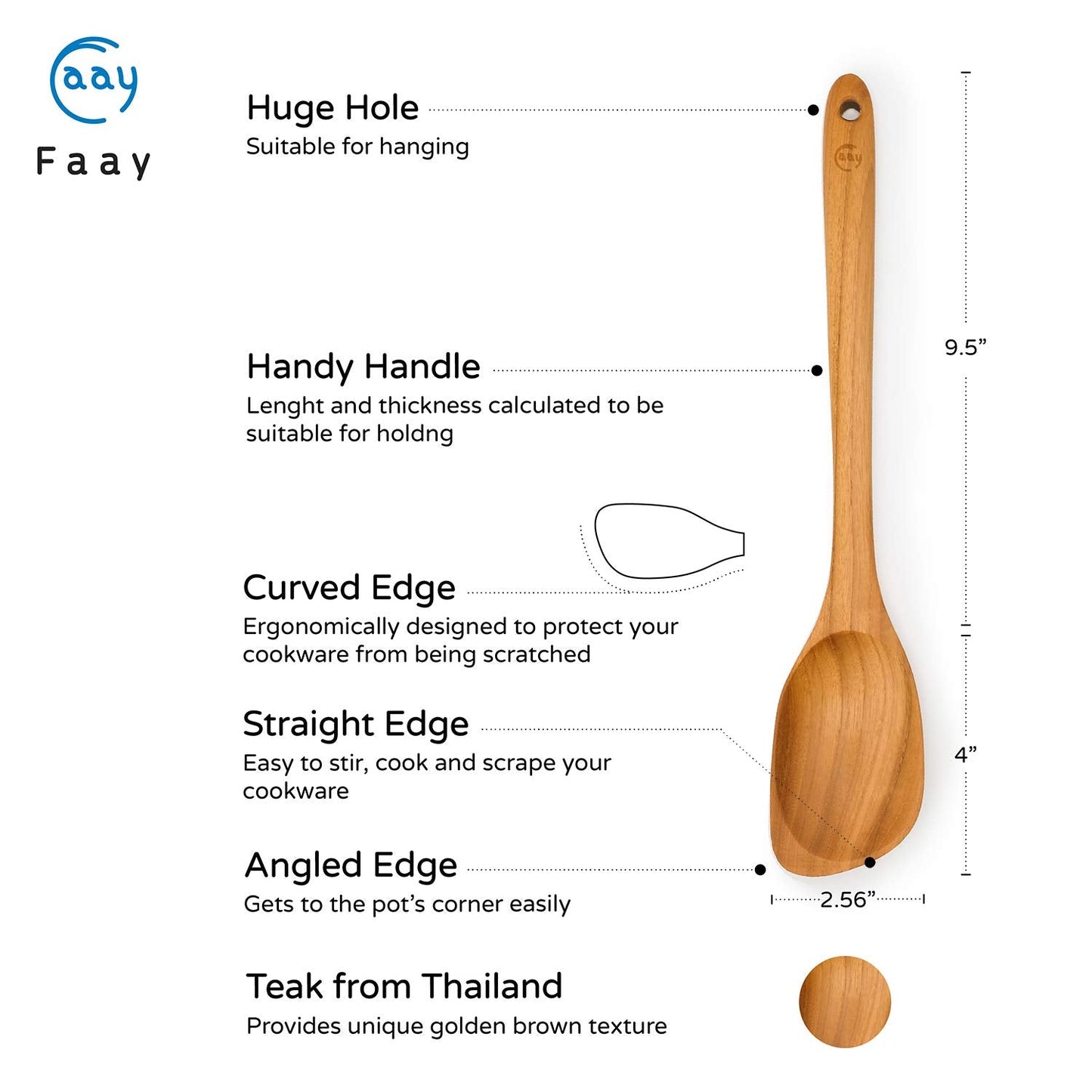 Teak Wooden Spoon for Cooking, Right Hand Corner Spoon, Nonstick Cookware