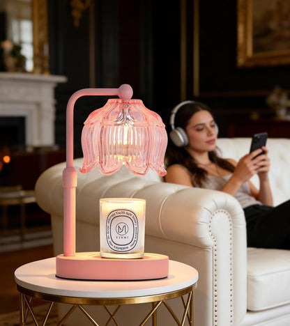 MEIXISUE Pink Flower Candle Warmer Lamp with Timer Dimmer, Adjustable Height No Flame Wax Warmer for Jar Candles, Ideal Gifts for Mom Women, ‌Housewarming New Home Bedroom Decor with 2 Bulbs