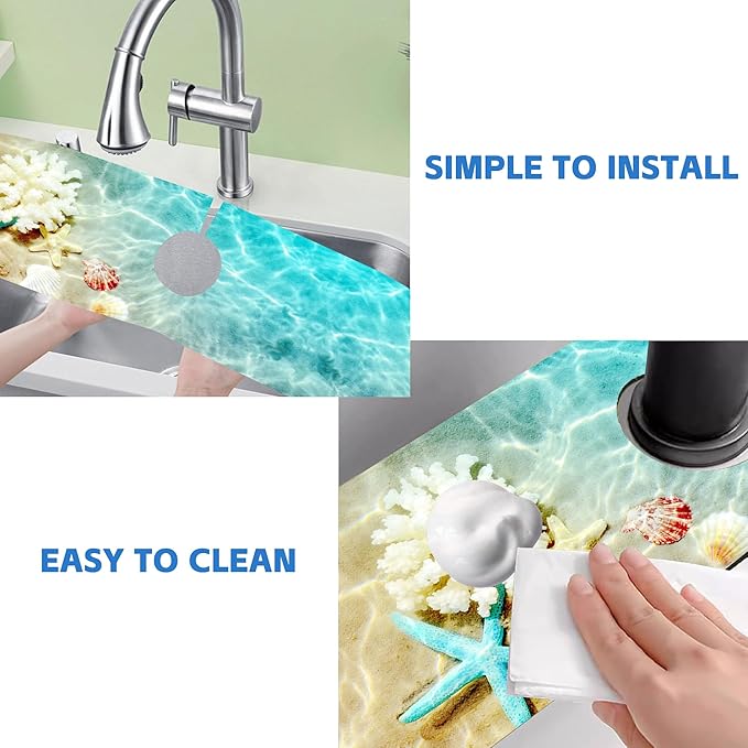 Beach Dish Drying Mat for Kitchen Sink Starfish Coral and Seashell Splash Guard