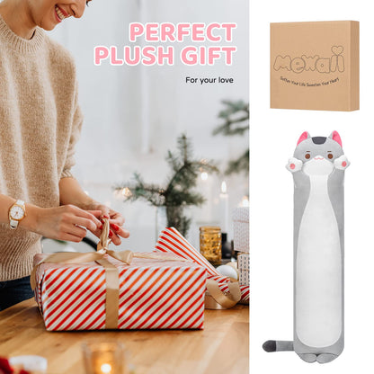 Mewaii 20in Long Cat Plush Pillows Stuffed Animals Squishy Pillows - Cute Plushie Kitten Sleeping Hugging Pillow Toys for Kids(Gray)