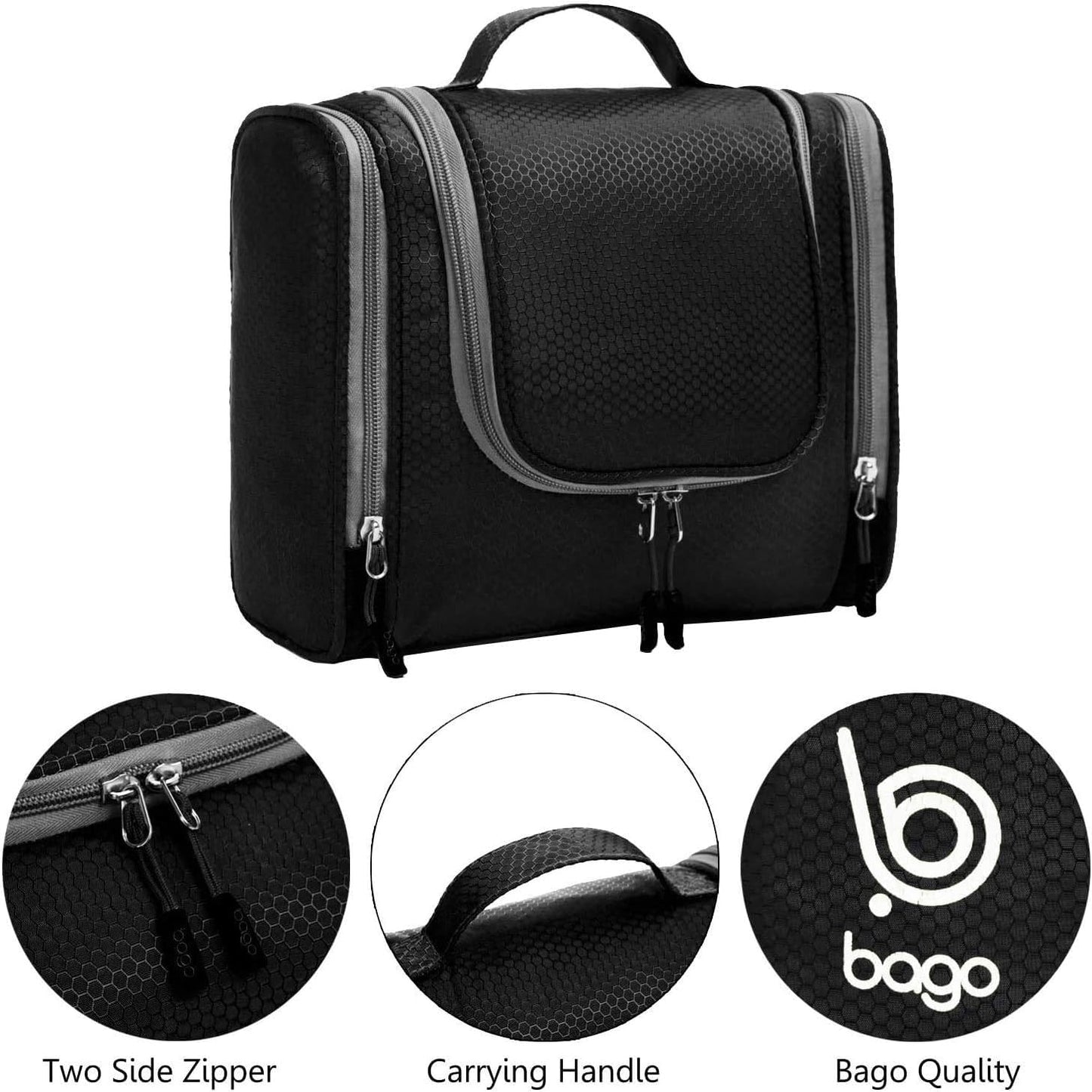 Bago Travel Hanging Toiletry Wash Bag - Large Waterproof Organizer for Women and Men - Cosmetic Essentials (Black)
