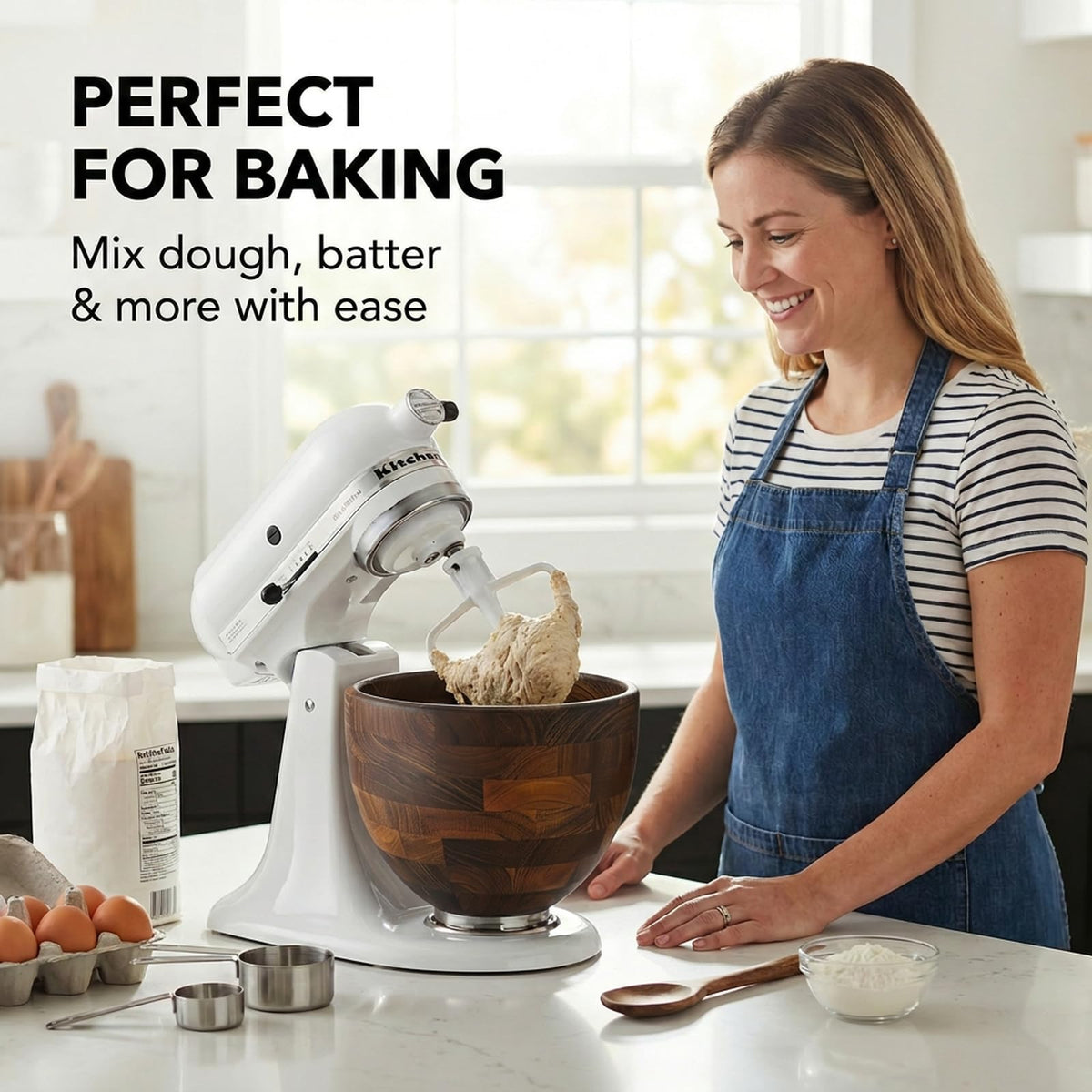 Binken Walnut Wooden Mixing Bowl Compatible with 4.5 & 5 QT Tilt-Head Stand Mixers, 5 Quart Natural Wood Dough Bowl for Baking, Kitchen Prep & Serving