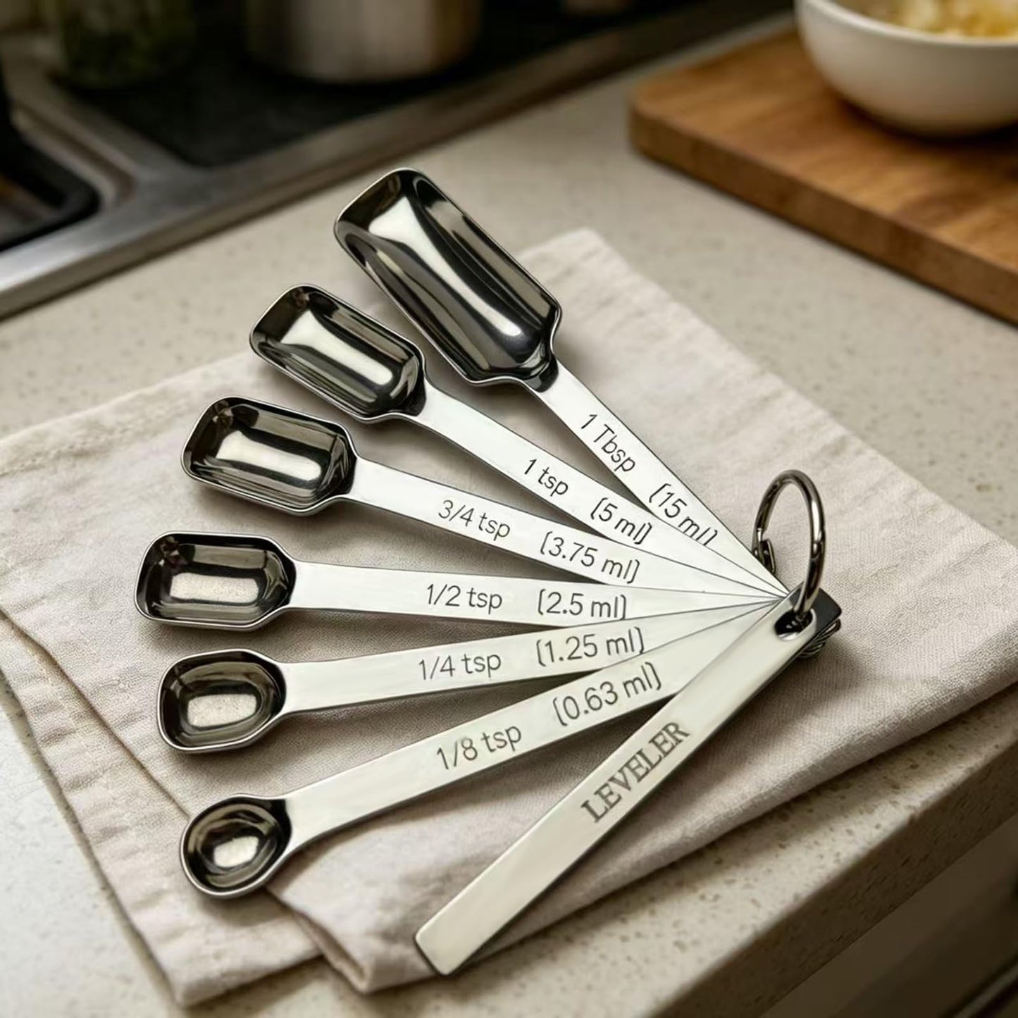 WAHMLA Stainless Steel Measuring Spoons Set of 7 with Leveler, Long Handle Rectangular Metal Teaspoon Tablespoon for Measuring Kitchen Spice, Dry & Liquid Ingredients