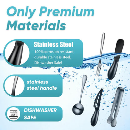 Patelai Charcuterie Board Accessories Cheese Spreader Knife Set Charcuterie Utensils Butter Knife Stainless Steel Mini Serving Tongs Spoons Appetizer Forks for Pastry(Black,18 Pieces)