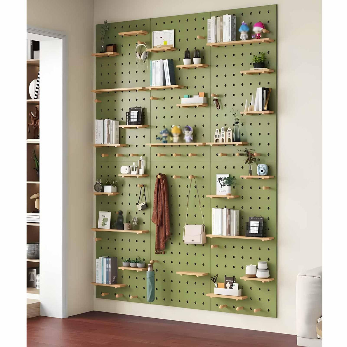 LXHELIVERY Pegboard Wall Organizer Panels, 12mm Thick Wooden Pegboard, Modular Hanging, Wall Mount Display Peg Board Panel for Wall Home, Garage Tool Storage(Green,60x80cm)