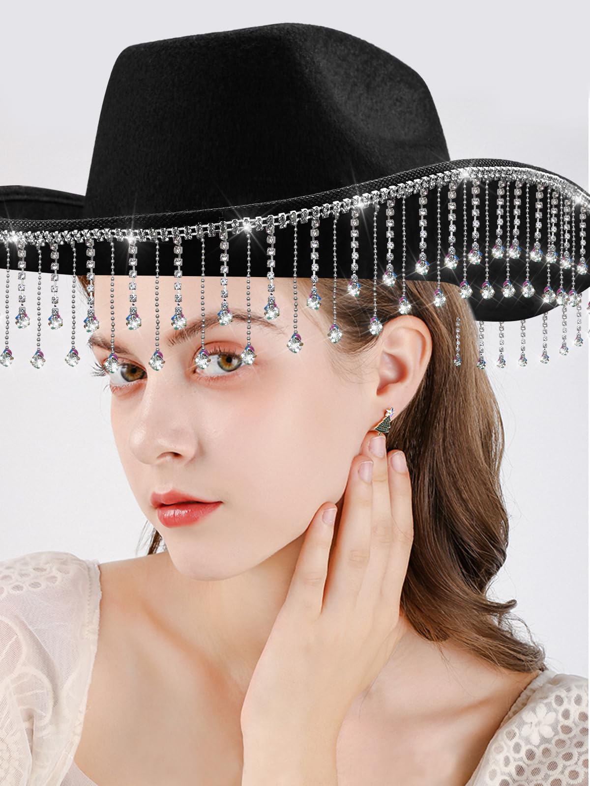 quescu Bridal Cowgirl Hat for Bachelorette Party,Rhinestone White Cowboy Hat for Women Bride To Be Gift,Halloween Costume (Style 4)