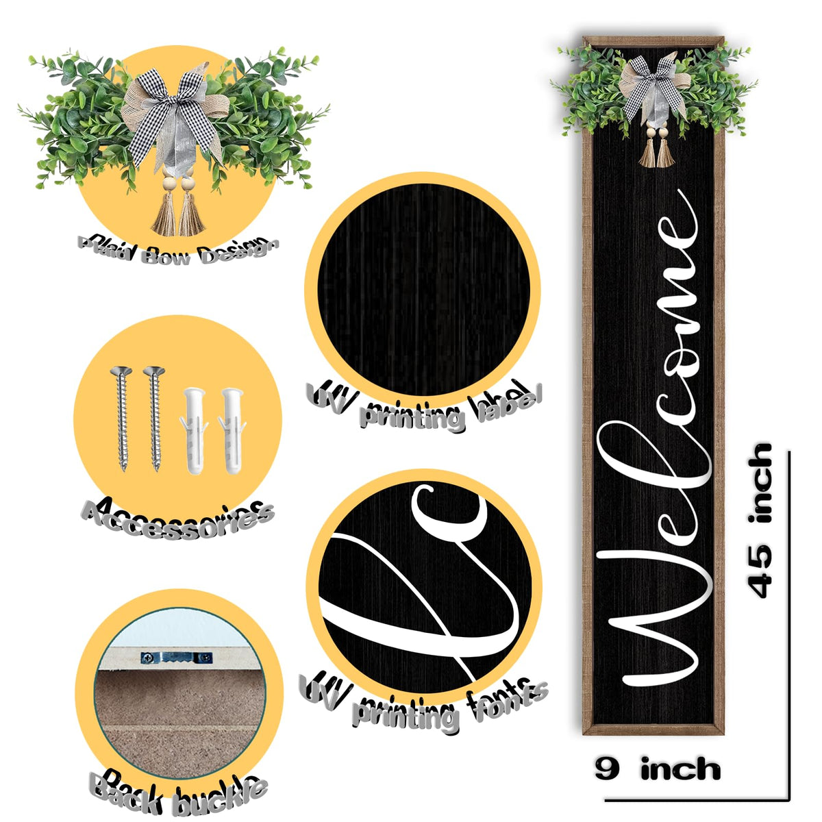 LuZhiQiang Front Porch for Welcome Standing Sign 45"X9" Vertical Tall Long Leaner Wood Framed Outdoor Front Door Sign Decor (Wood Black)