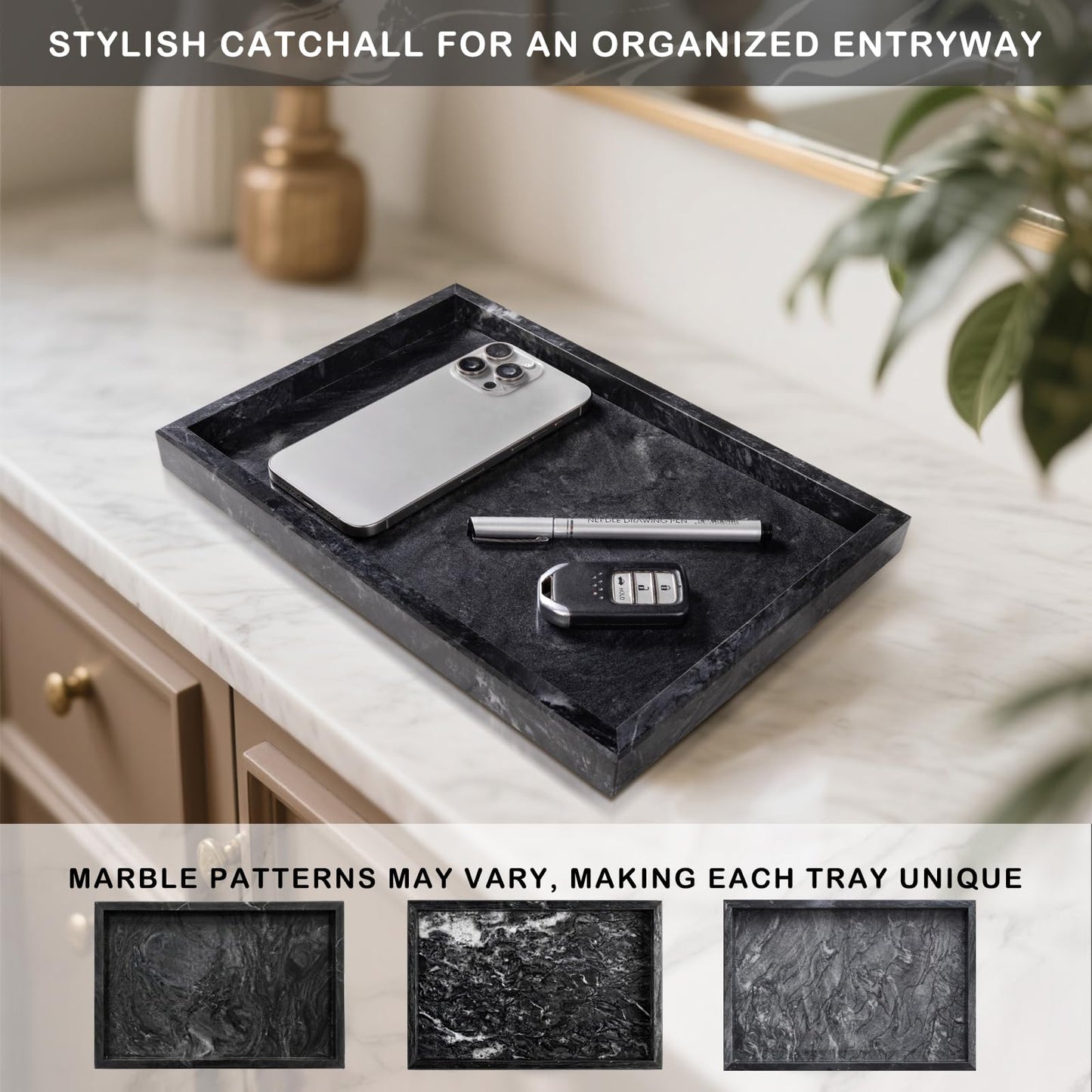 Homaura Marble Bathroom Tray for Countertop & Home Decor, Natural Decorative Marble Tray for Jewelry & Perfume Organizer, Luxury Stone Vanity Trays for Dresser, Kitchen Counter, 12" x 8", Gray Black