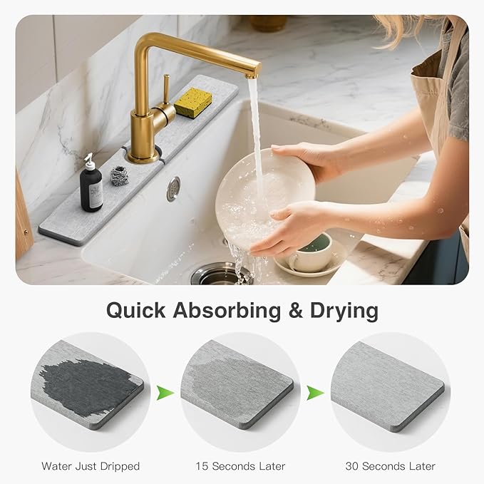 23.6" x 4" Stone Faucet Mat for Kitchen Sink, Quick Drying Diatomite Sink Tray