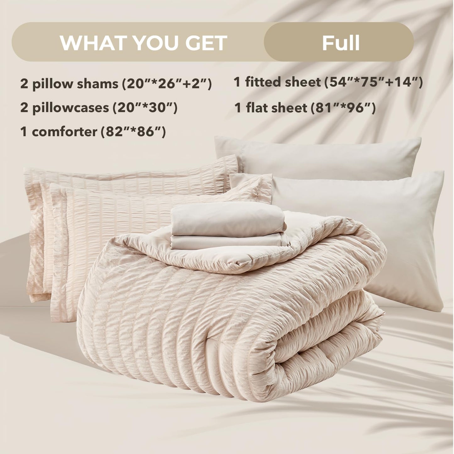 HYMOKEGE Beige Full Size Comforter Sets Seersucker 7 Pieces, All Season Luxury Bed in a Bag for Bedroom, Bedding Set with Comforters, Sheets, Pillowcases & Shams