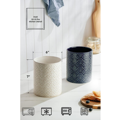 MIKIGEY Kitchen Utensil Holder, 6x7 inch Large Ceramic Utensil Holder with Embossed Pattern, Cooking Utensil Crocks for Kitchen Countertop, Home Decor, Off-White