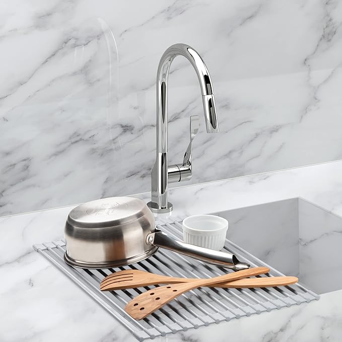 HIC Kitchen Silicone Over-Sink Roll-Up Dish Drying Rack, Reinforced Heat Safe