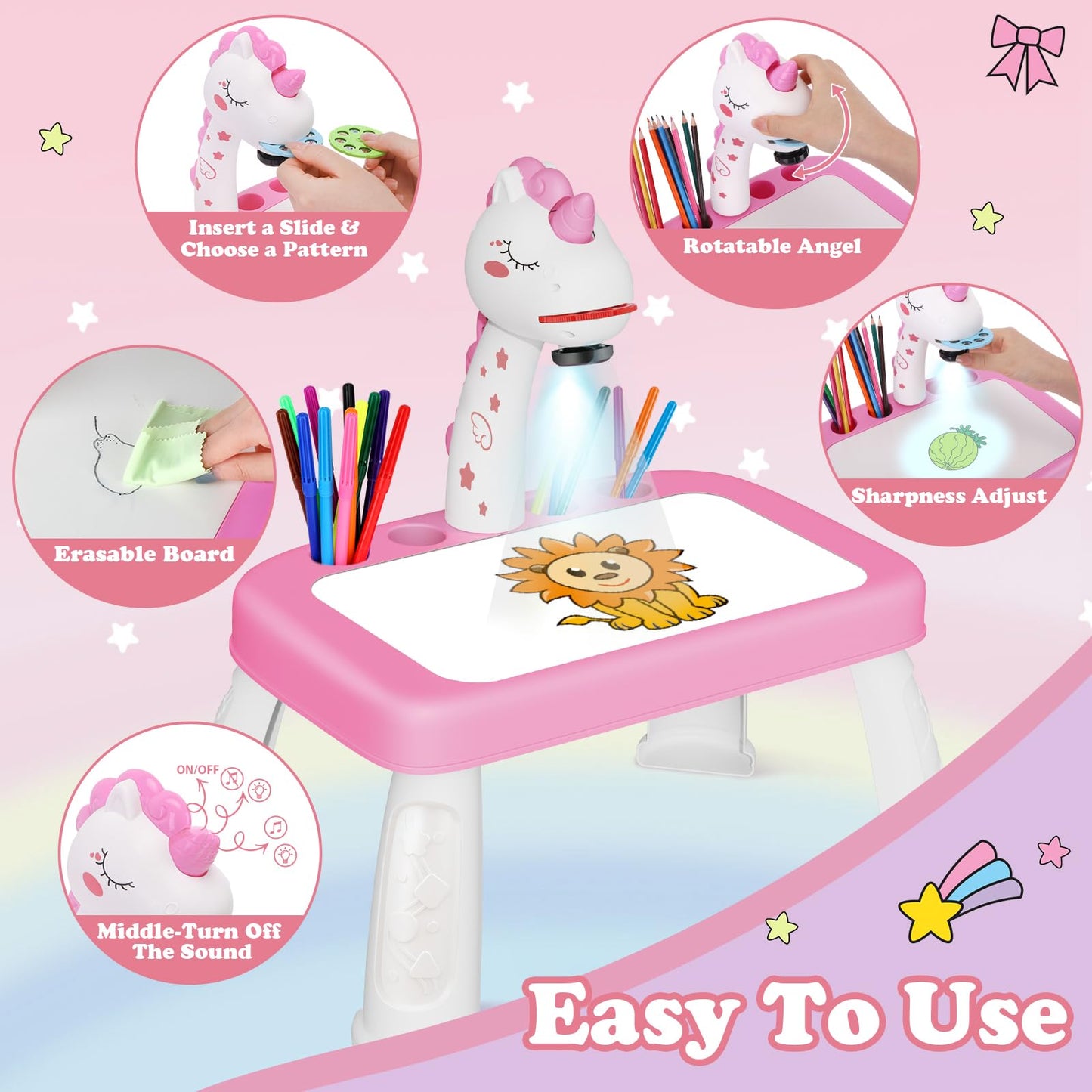 Unicorn Drawing Projector Table Set for Kids Girls Include Unicorn Art Supplies, Pink Doodle Sketcher Table Kit Toddler Tracing and Painting Projection