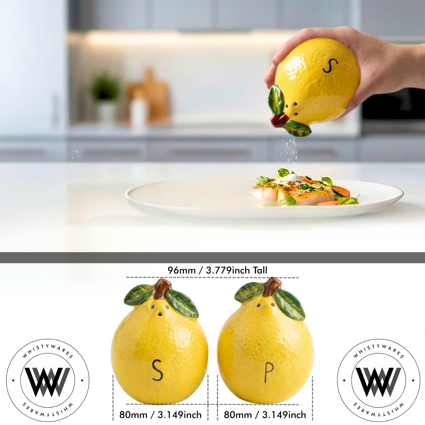 Whistywares Lemon Salt and Pepper Shakers Set - Colorful Ceramic Design - 200ml, 105g - Non-Fading, Dishwasher Safe, Easy Refill - Stable Base - Citrus Kitchen Essential, Home Decoration