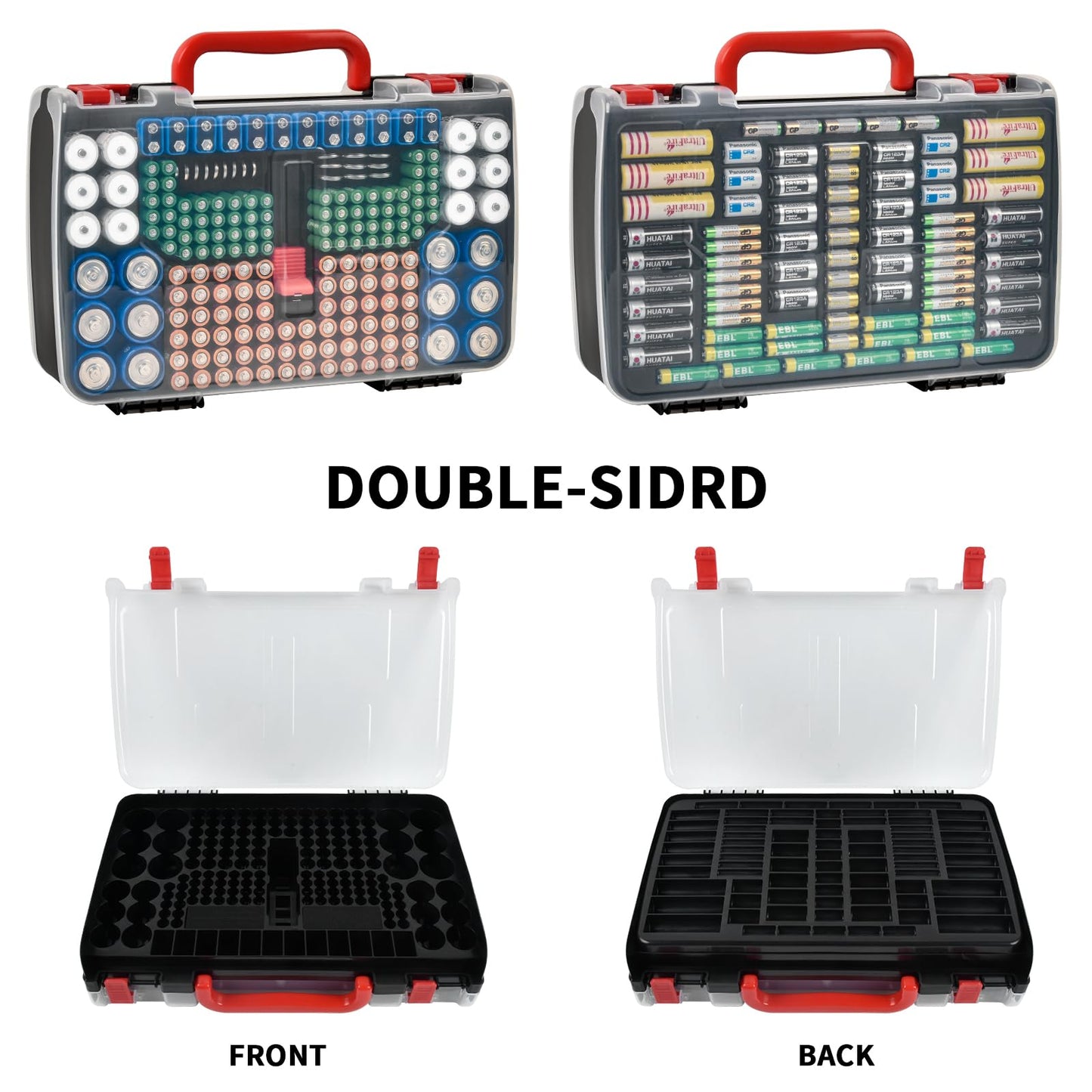 Battery Storage Organizer Case Holder Box with Tester, Double-Sided Batteries Fits for 269 Caddy Container AA AAA AAAA 3A 4A 9V C D Lithium 23A 4LR44 CR123A CR1632 CR2032 - Black