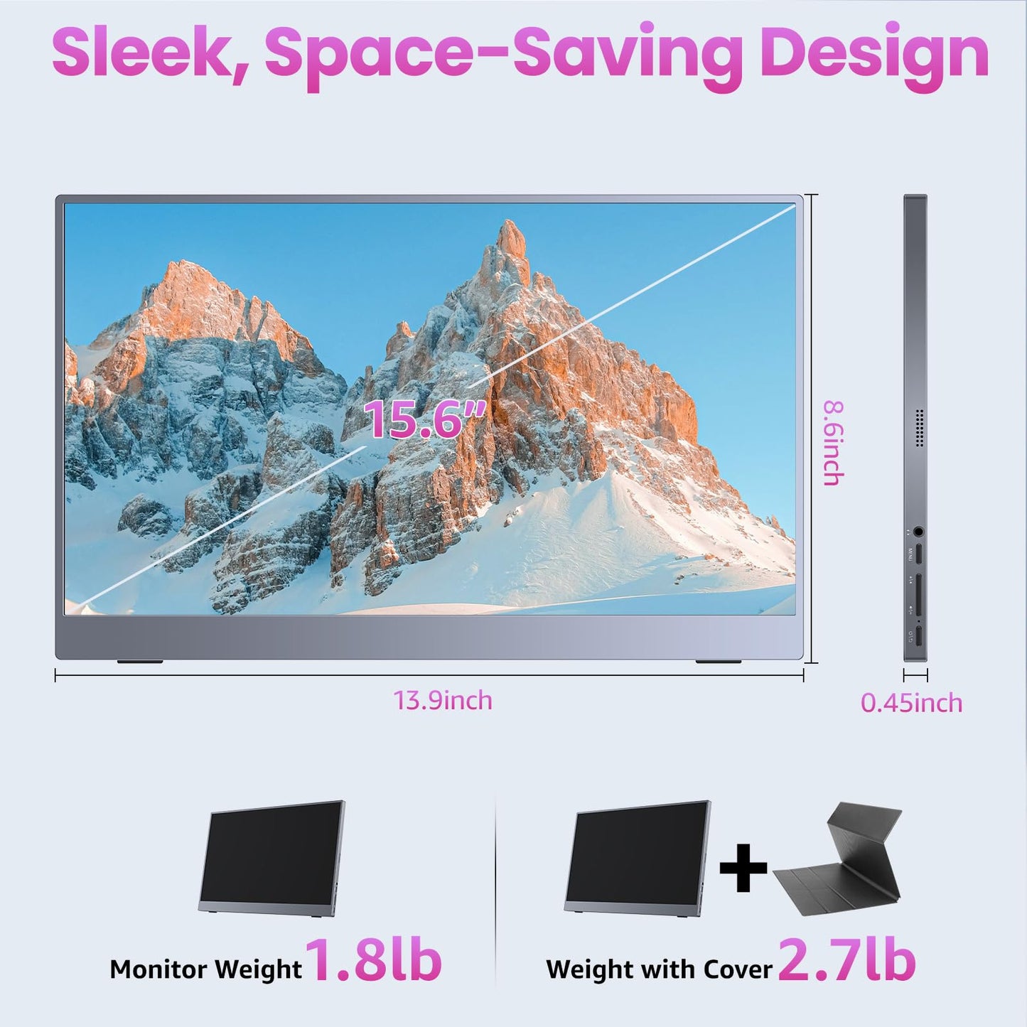 Portable Monitor 18.5 inch 1080P FHD 128% sRGB 100Hz, Travel Monitor for Laptop MacBook Surface PC Xbox PS5, HDMI Dual USB-C VESA Compatible Built-in Speaker, with Kickstand