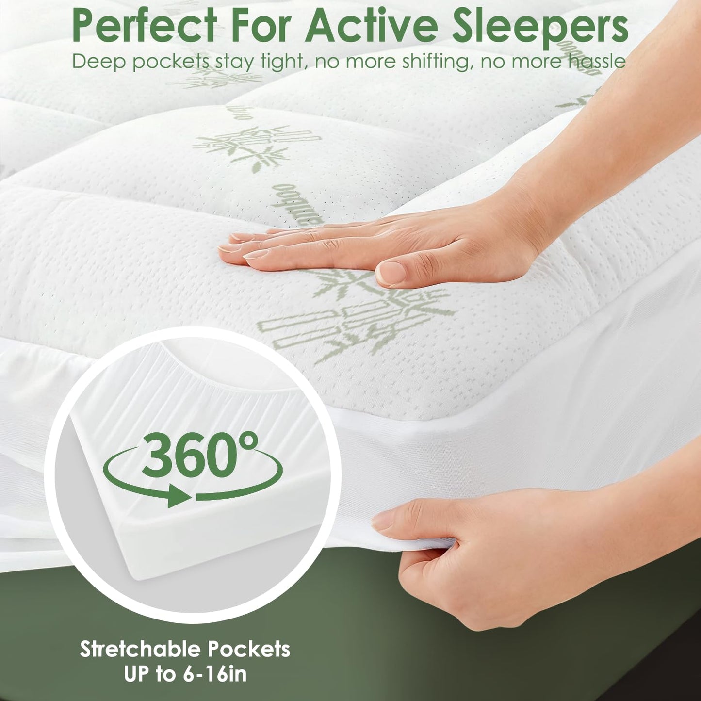 Queen Mattress Topper Viscose Derived from Bamboo, Cooling Thick Pillow Top Mattress Pad with Deep Pocket for 8"-18" Mattress, Soft Breathable Mattress Topper for Back Pain Relief, Green