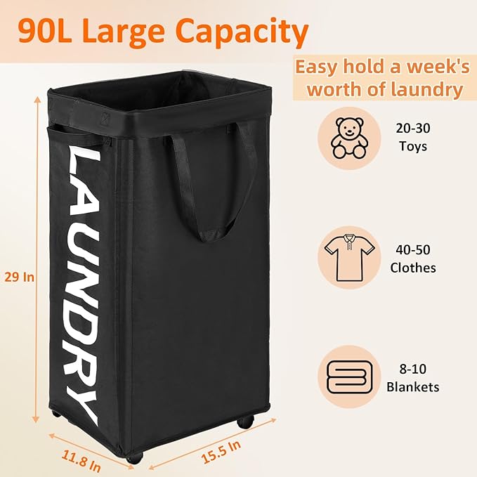 Laundry Basket with Wheels, 90L Rolling Laundry Hamper with Wheels, Large