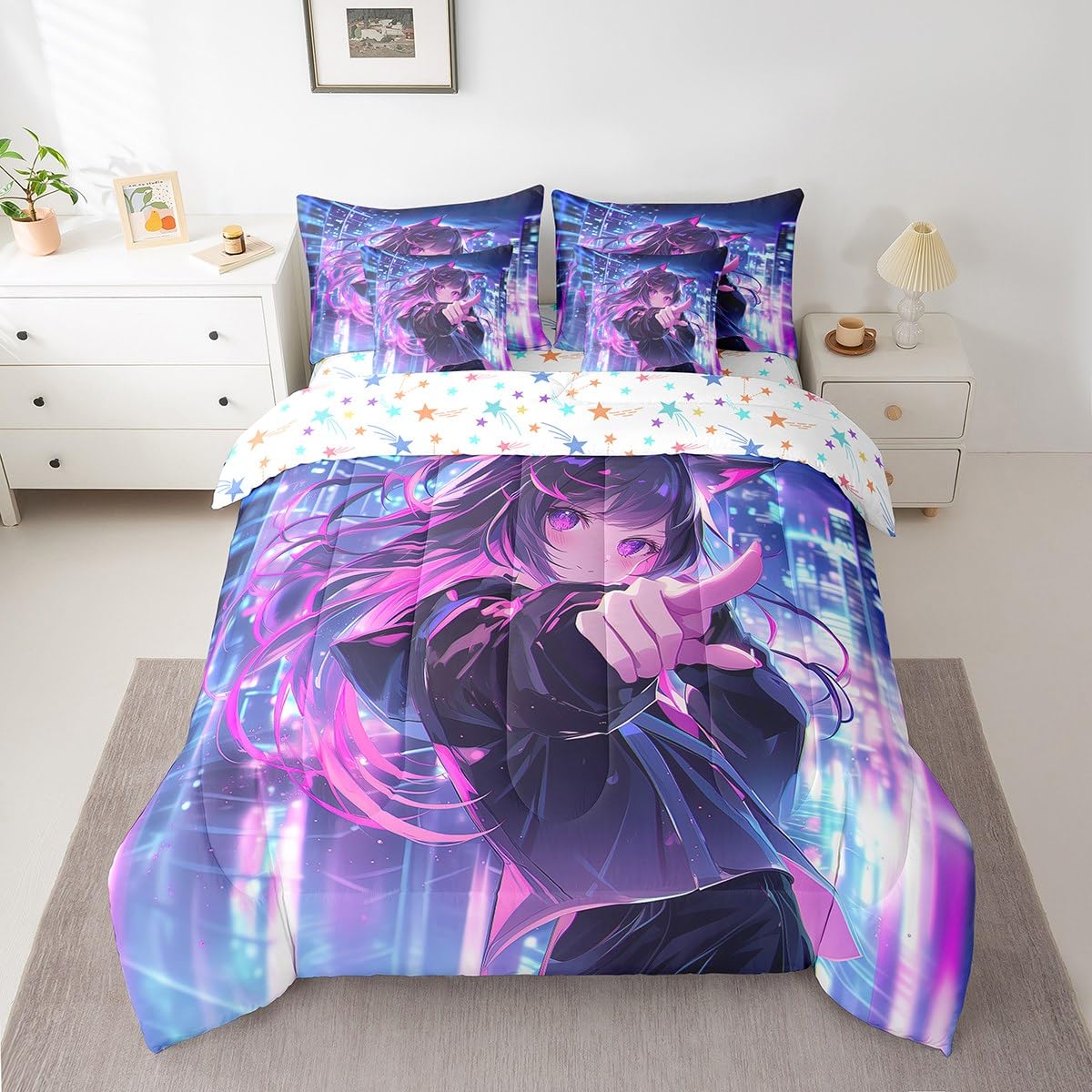 Erosebridal Kids Anime Girl 7 Piece Comforter Set Twin Bed in A Bag, Japanese Anime Bedding Sets, Cartoon Girl Sheet Set with Comforter for Boys Teens Adult, Kawaii Japanese Animation Bed Sets