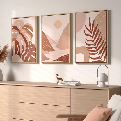 Framed Boho Sage Green Wall Art for Living Room, Large Mid Century Modern Tropical Leaf Canvas Artwork for Walls, 3 Piece Beige Orange Bohemian Wall Art Prints for Bedroom Kitchen Hallway, 16x24 Inch