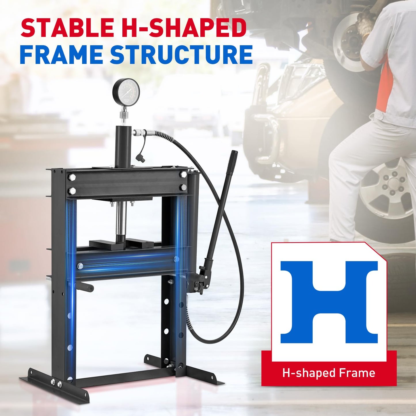 Garvee Hydraulic Press 10 Ton, Hydraulic Shop Press, H Frame Hydraulic Press with 2 Press Plates, Garage Floor Shop Press, Adjustable Work Table Height, Heavy Duty Press, Black