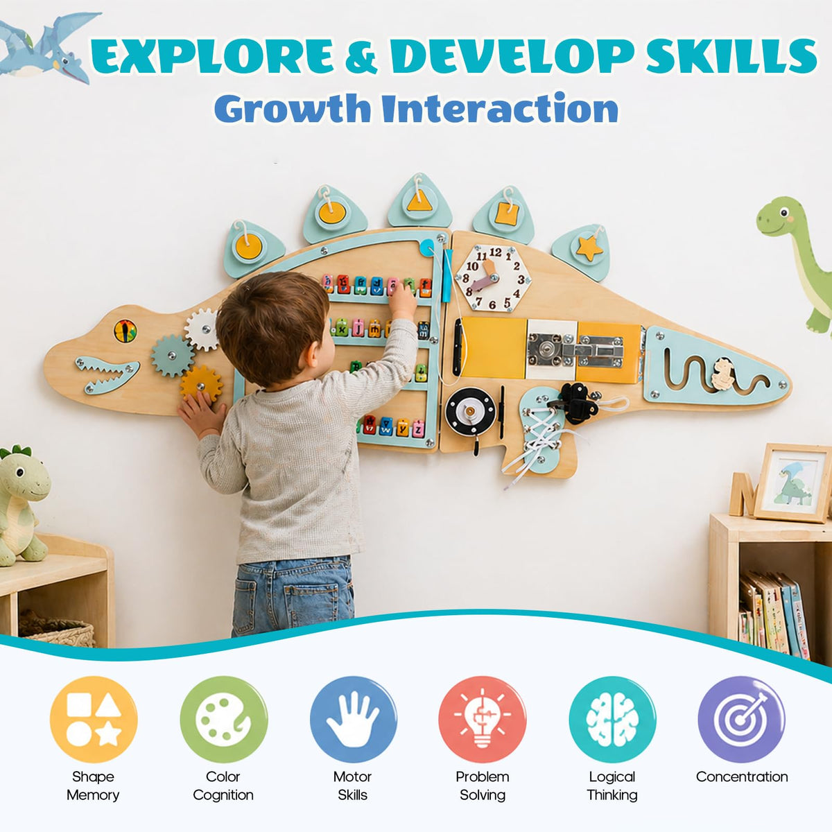 BROWNROOT Dinosaur Activity Wall Busy Board 11 in 1 Foldable Wooden Montessori Sensory Panel for Kids Wall Mounted Toddler Learning Activity Center for Playroom Daycare Nursery Classroom 3-6