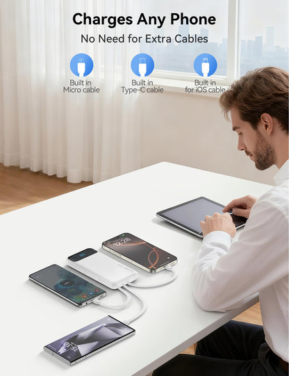 Portable Charger, 10000mAh 22.5W Fast Charging Power Bank with 4 Built-in Cables, Travel Essentials Battery Pack with LED Display, 6 Outputs Charging Bank Compatible with iPhone, iPad, Samsung White