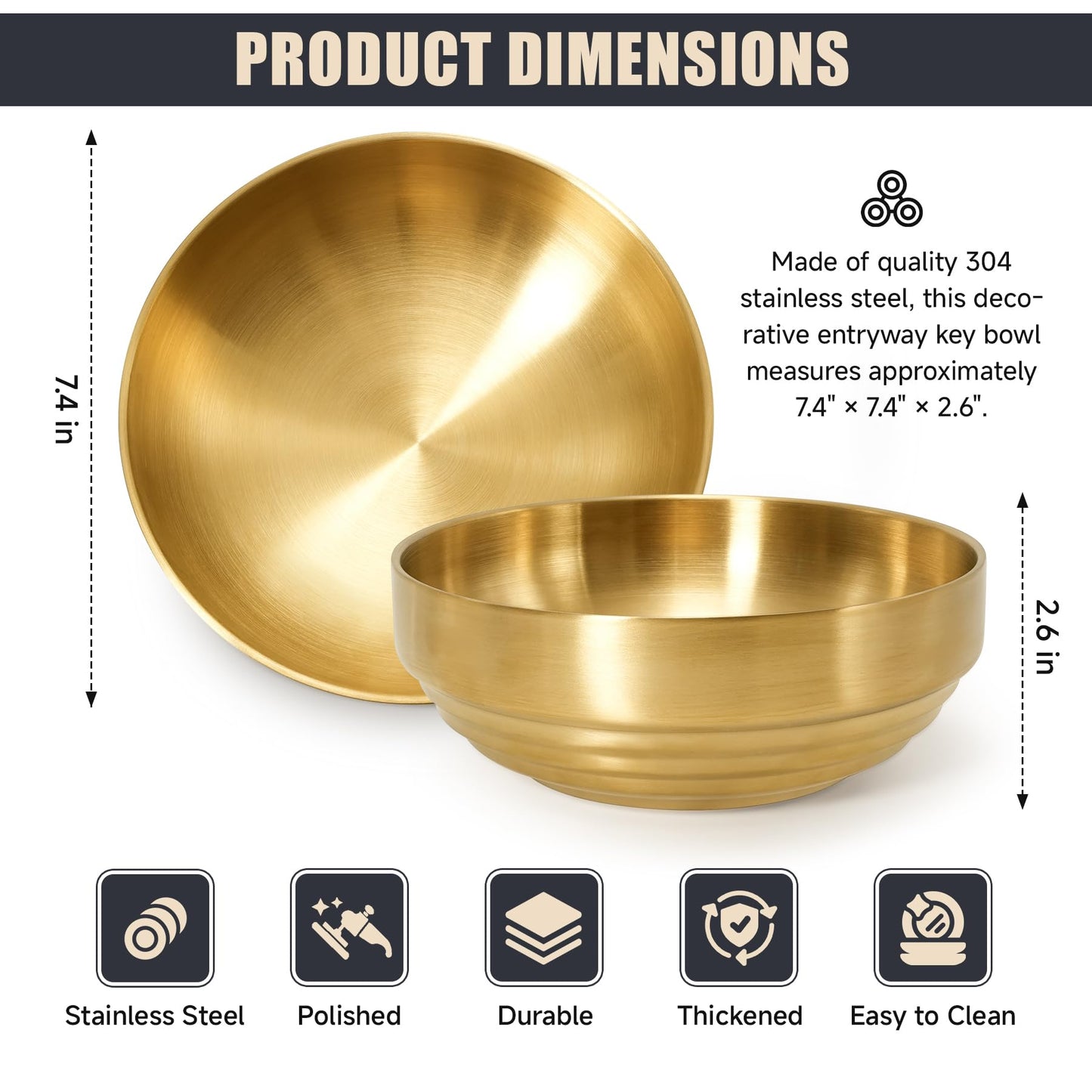 Philbinden 7.4" Gold Decorative Bowl Key Bowl Stainless Steel Fruit Bowl Modern Stylish Metal Centerpiece for Kitchen Counter, Key Catch All & Entryway Table Centerpiece
