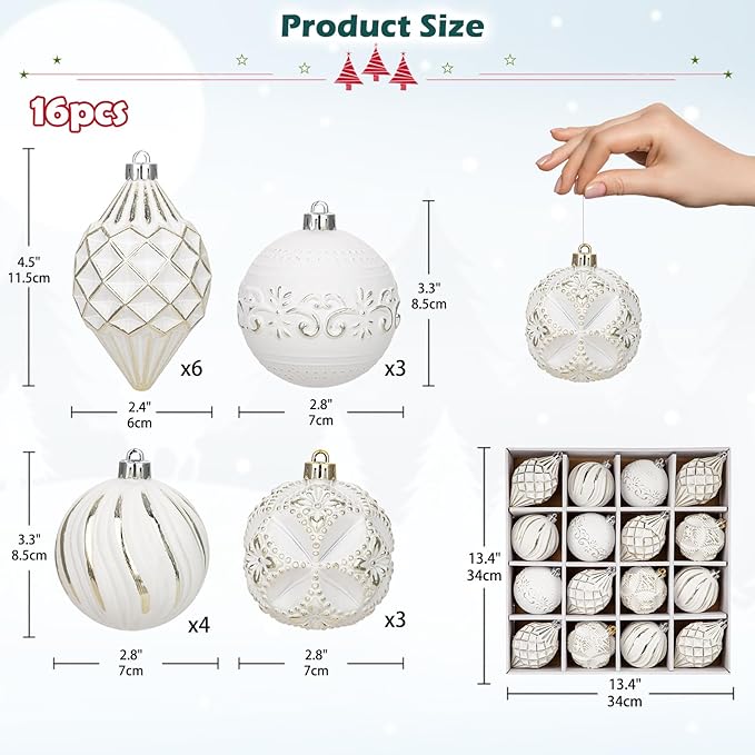16PCS Shatterproof Christmas Ball Ornaments Set, Hand-Painted Holiday Decor with Assorted Sizes & Designs for Christmas Tree Thanksgiving Party Decoration, Champagne-White