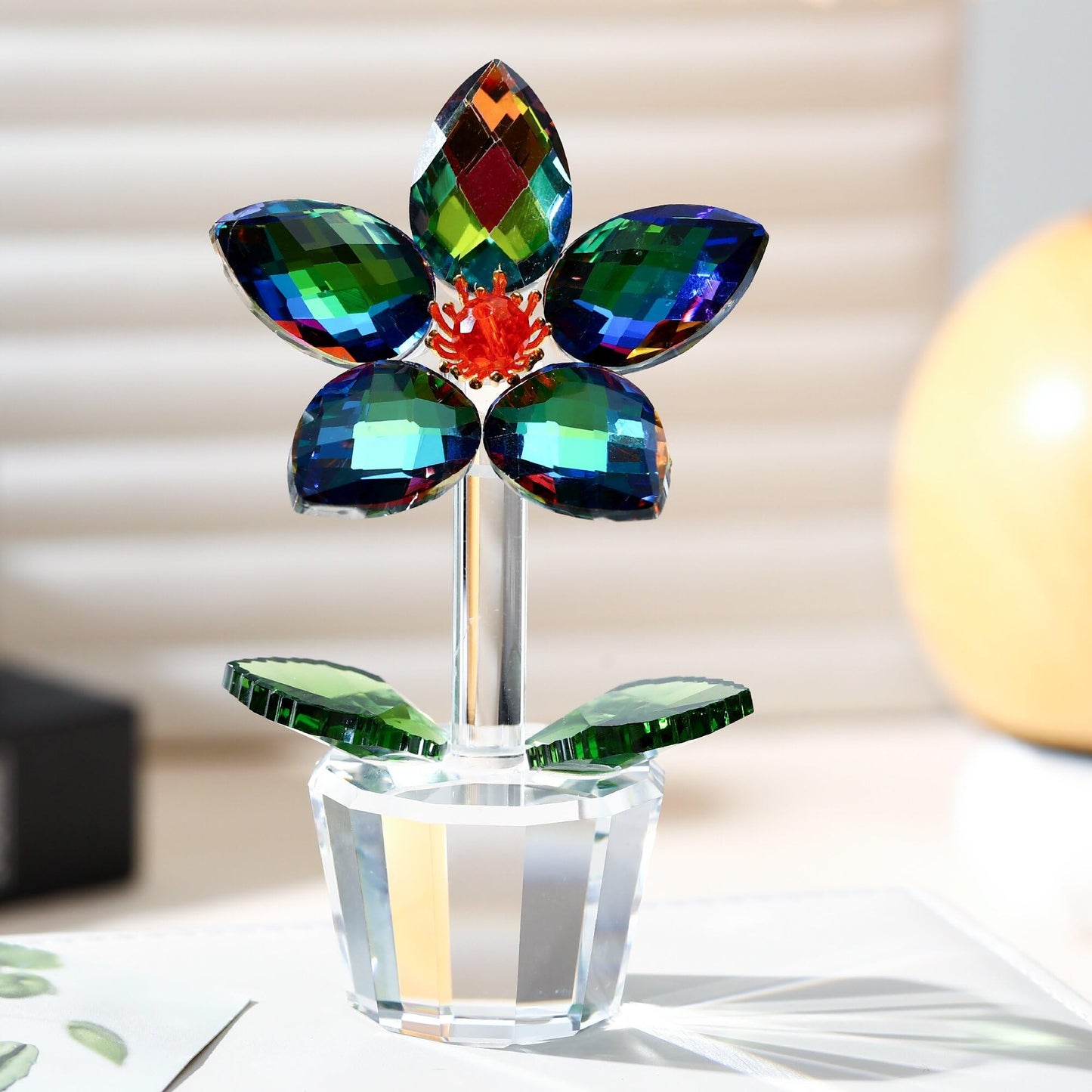 DLXK Crystal Glass Flower Figurines Statues Faceted Glass Flower Valentines Day Sculpture Decoration for Home Collectible Paperweight