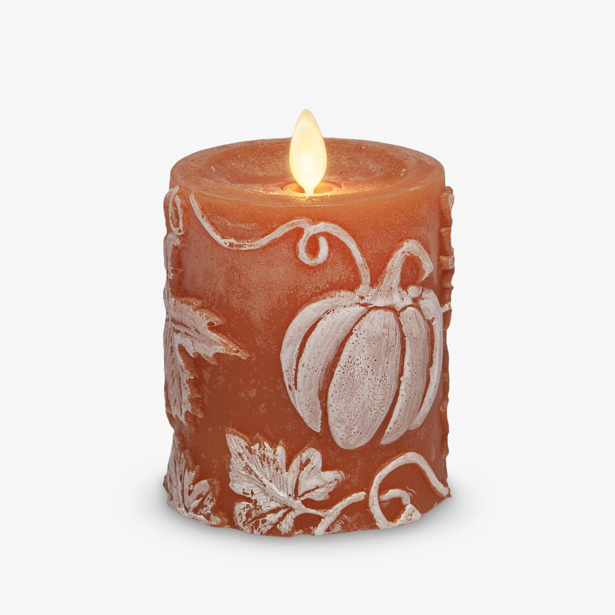 Luminara Embossed Leaves and Pumpkins Moving Flame Pillar Candle 3.25" x 4.5" with Recessed Edge Unscented Real Wax LED Battery Operated Candle Lights