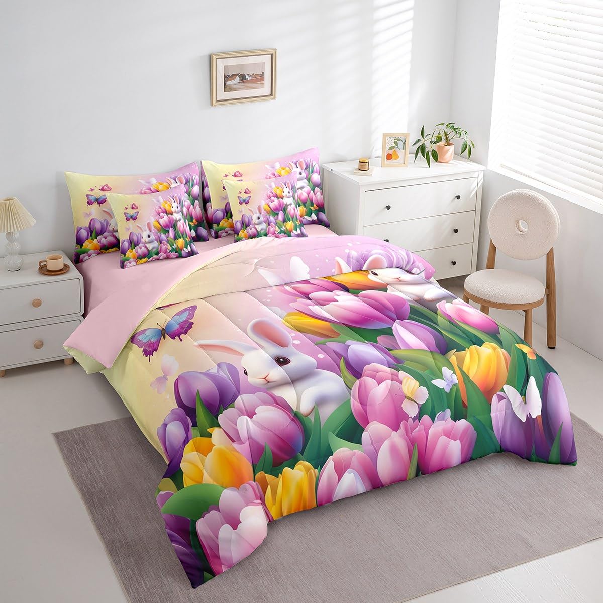 Erosebridal Pastel Tulip Twin Comforter Set 7 Piece Spring Tulip Flowers Bedding Set Pink Purple Garden Floral Bed in A Bag Cute Kawaii Rabbit Sheet Set with Comforter for Kids Boys Girls