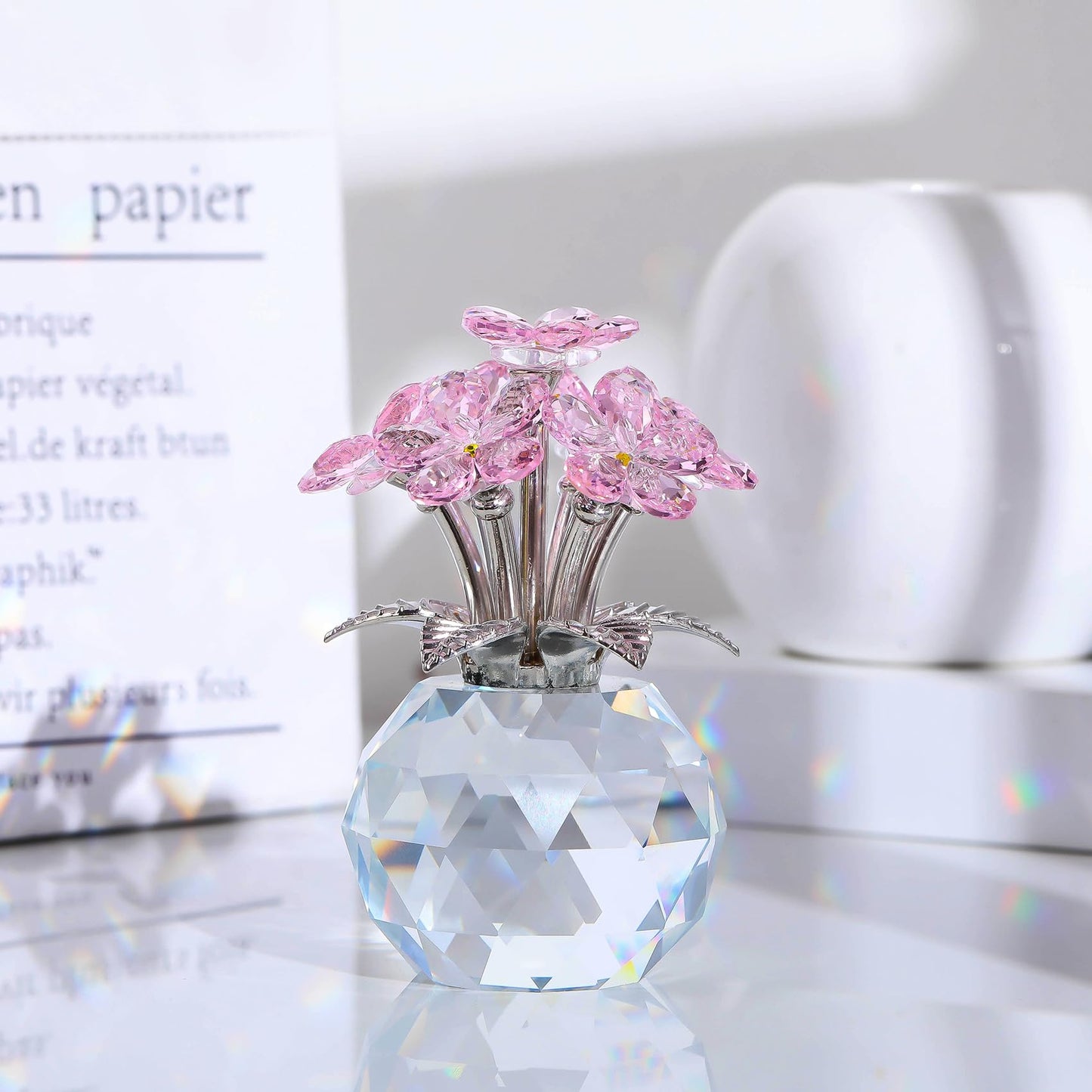 Ornalrist Pink Crystal Forget Me Not Flower Figurine, Forget-me-not Gifts for Women Mom Friend Meaningful Gifts, Glass Flowers Figurines Collectibles