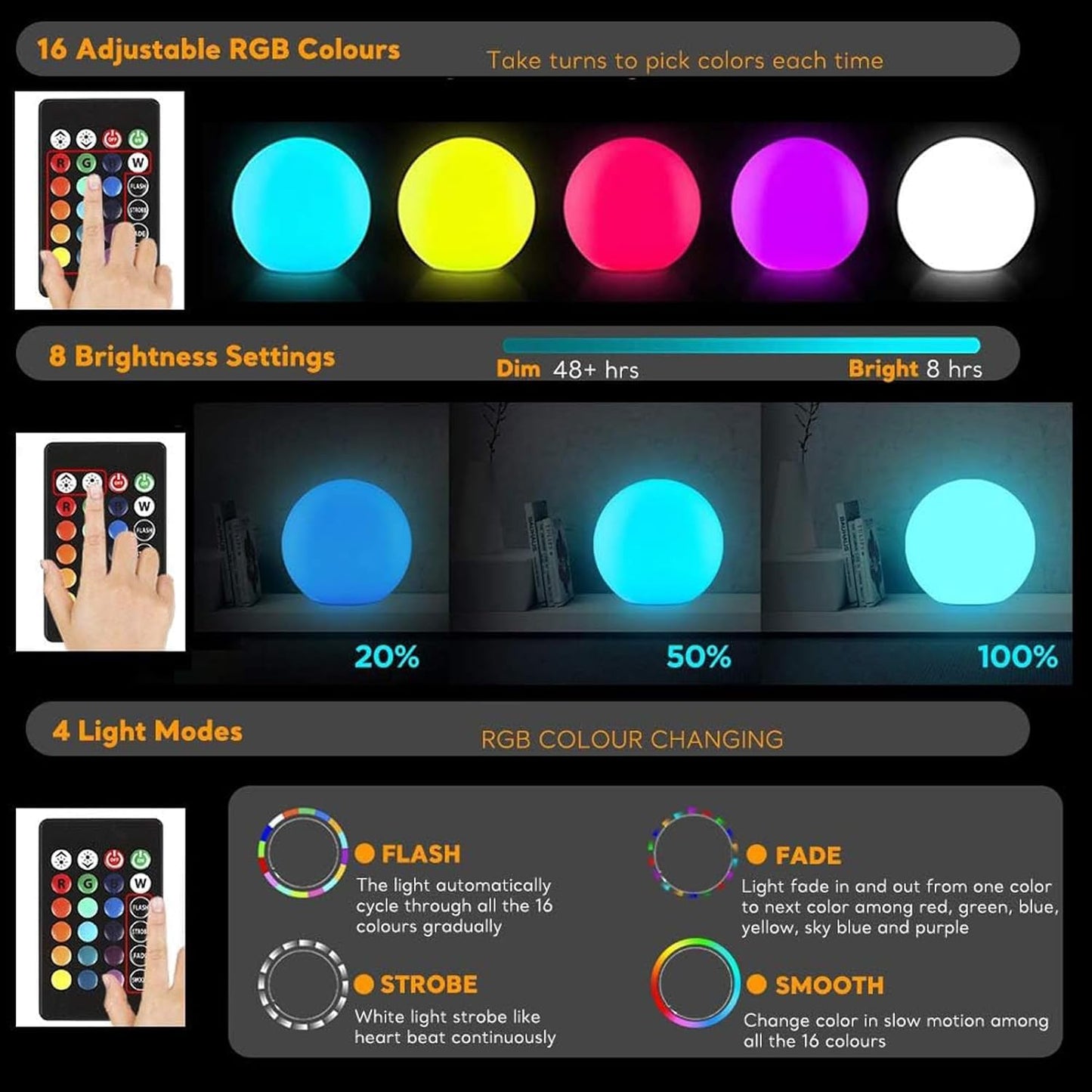 COPU LED Ball Light, 6-inch Glowing Orb Light, Rechargeable Globe Lamp, Dimmable Mood Lights W/Remote, Waterproof Ambient Lighting Lamp for Desk Bedroom Bathroom Patio