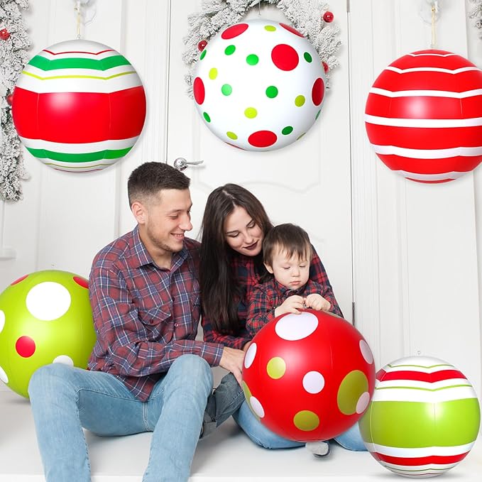 12 Pcs 24/16 Inch Giant PVC Christmas Inflatable Ball Outdoor Blow up Xmas Inflatables Ornaments Giant PVC Christmas Ornaments for Tree Yards Lawns Porch Garden Front Doors Holiday Decor(16 Inch)