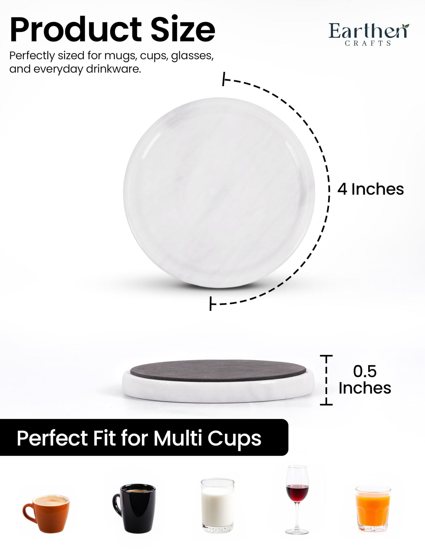 Earthen Crafts Marble Coasters Set of 4 for Drinks Countertop 4 Inches Round White Stone Drink Coaster for Kitchen Counter, Ideal for Home Decor House Warming Gifts