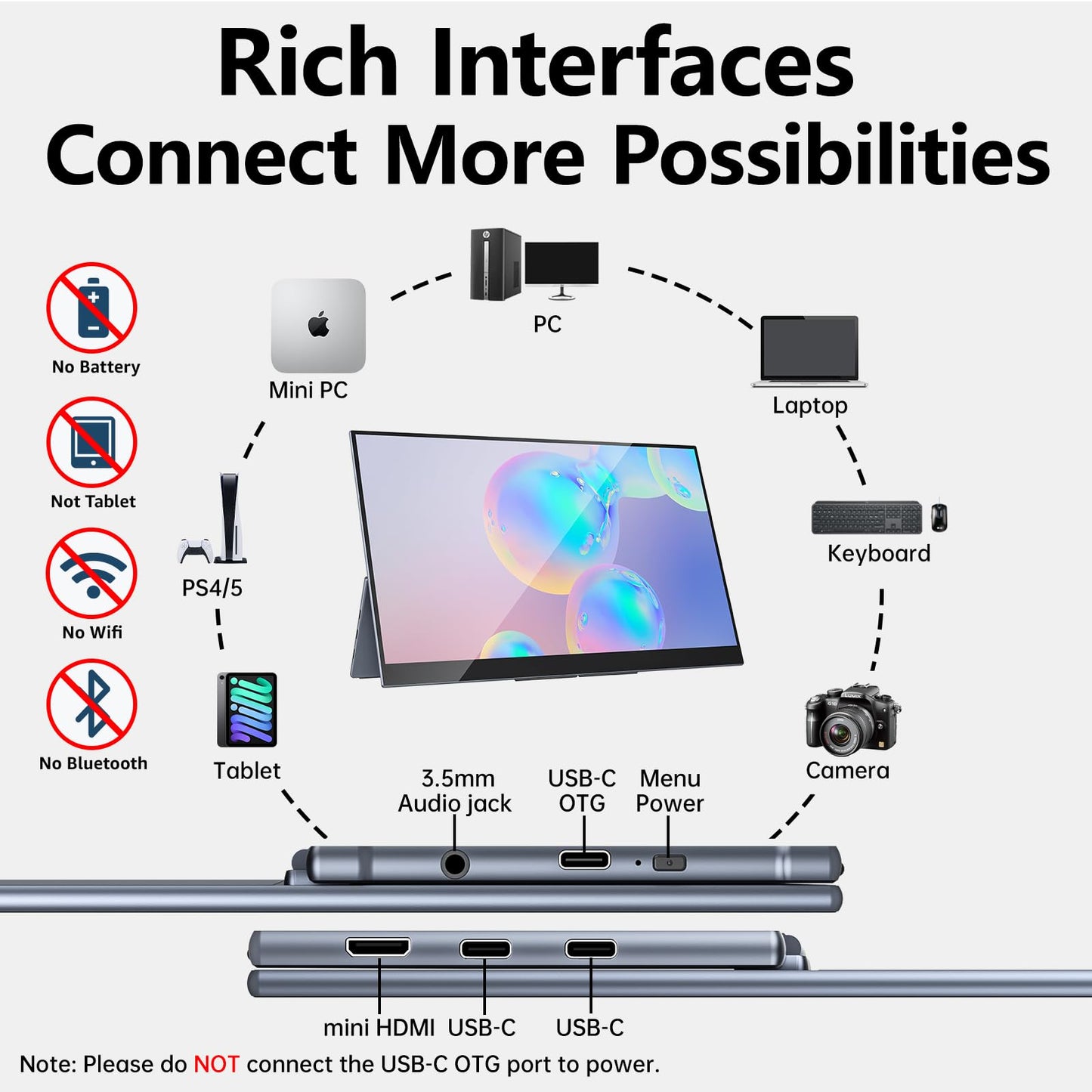 Portable Monitor 15.6" FHD 87% sRGB 60Hz IPS HDR HDMI USB-C Travel Monitor for Laptop MacBook PC Surface PS5 Xbox, External Display with Kickstand & Speakers, VESA Compatible