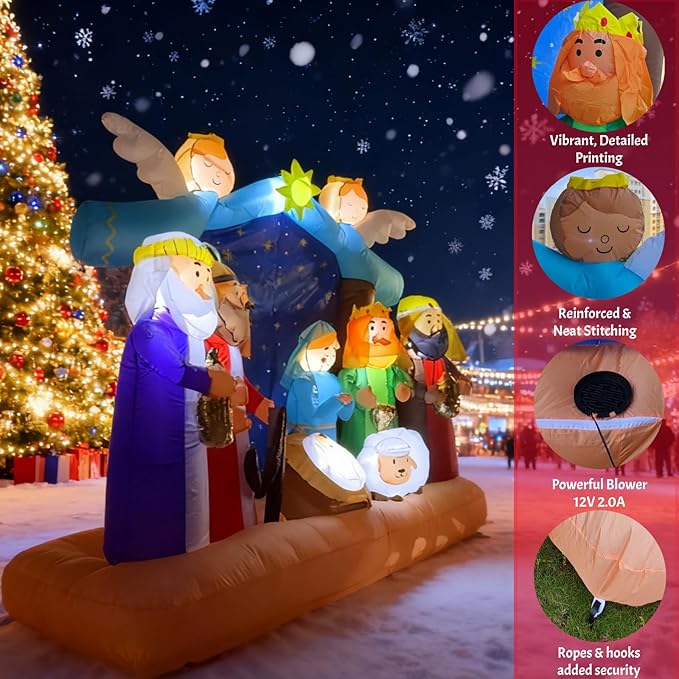 Christmas Inflatable Nativity Scene - 7ft Outdoor Indoor Decoration with LED Lights, Blow Up Yard Decor for Xmas Holiday, Nativity Set Includes Holy Family, Three Kings, Angel & Sheep
