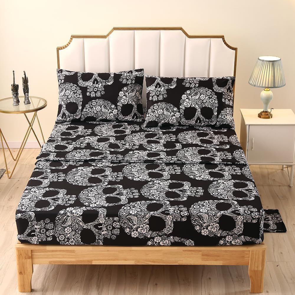 SDIII 4PCS Sugar Skull Sheets Set Full, Soft Microfiber Gothic Bedding Skeleton Sheet Set, Goth Skull Halloween Sheets Full Deep Pocket Hotel Luxury