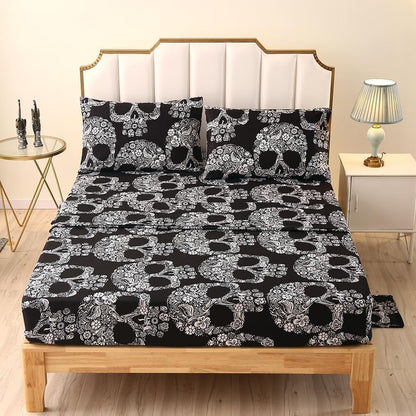 SDIII 4PCS Sugar Skull Sheets Set Full, Soft Microfiber Gothic Bedding Skeleton Sheet Set, Goth Skull Halloween Sheets Full Deep Pocket Hotel Luxury