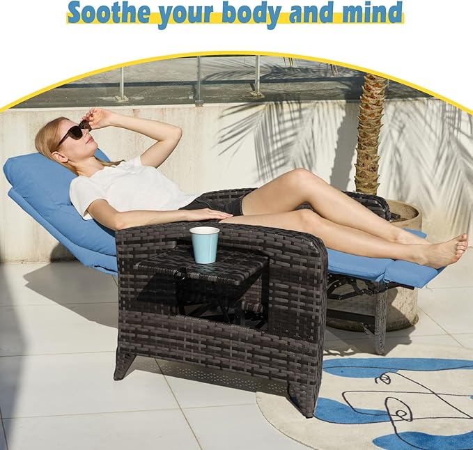Upgraded Outdoor Recliner Chair, Reclining Patio Chairs with Adjustable Back up to 150°Lay Flat and Extended Footrest, Wicker Recliner Chairs with Flip Table and Removable Olefin Cushion